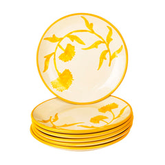 Hand Painted Ceramic Floral Dinner Serving Plates Set Of 6 - Yellow & Off White, Diameter: 10 Inches | Full Plates - The Lucid Yellow Collection