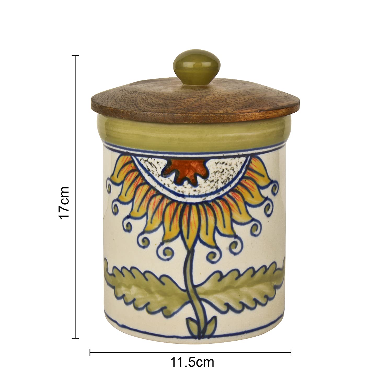 Hand Painted Multi Utility Storage Airtight Ceramic Jar With Wooden Lid 1000ml, White & Multicolor | Airtight Ceramic Kitchen Canister | Cookie Jar - Pickle Storage Jar - Burni