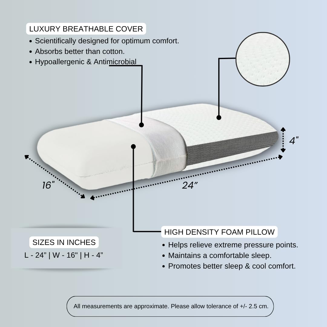 Orthopedic Memory Foam Pillow, Neck Support, White & Grey - 24 X 16 X 4 Inches | Cervical Pillow Shoulder Support For Side & Back Sleepers | Hypoallergenic, Removable, Washable Cover - Piece