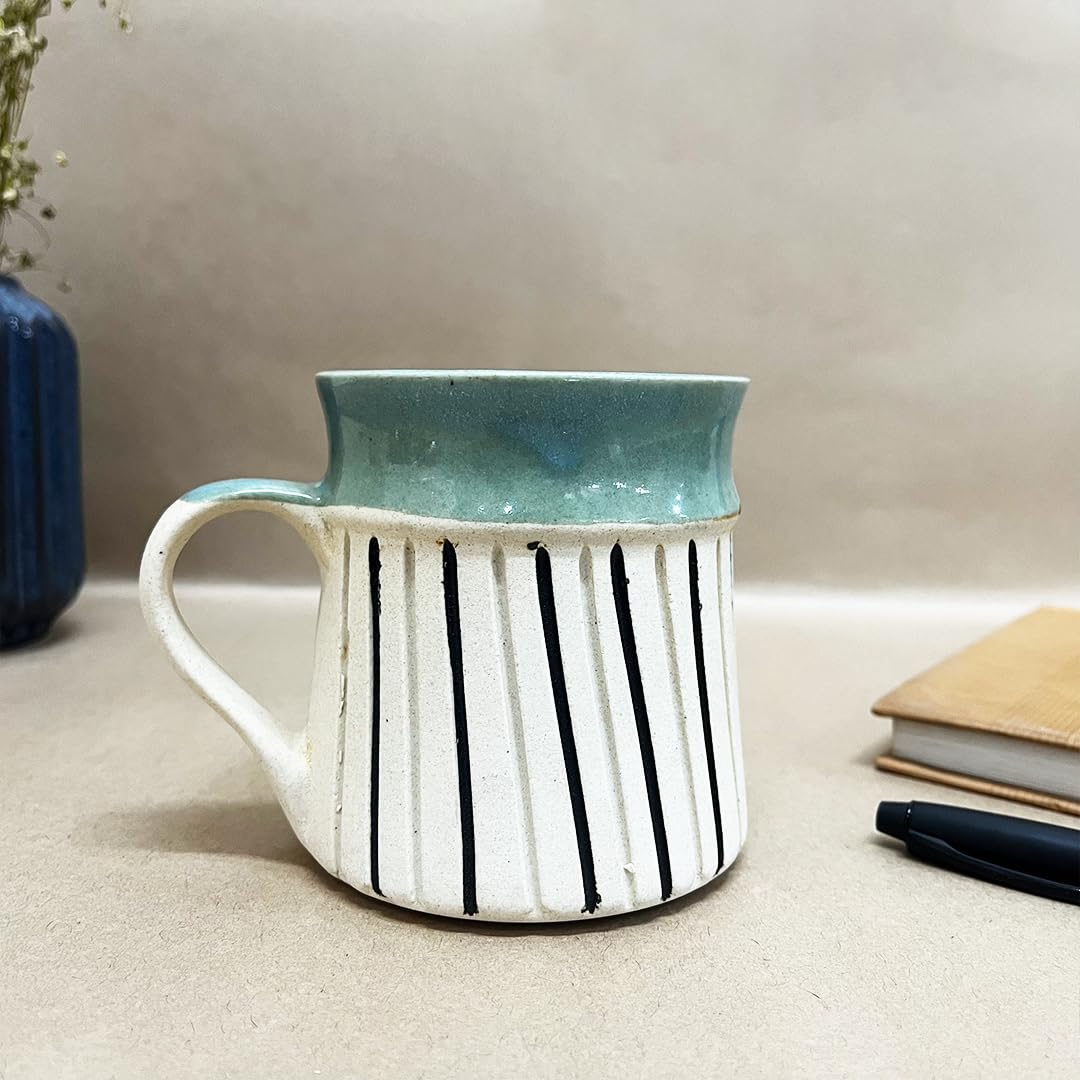 White & Green Engraved Striped Ceramic Coffee Mug Set Of 2 Pieces - 350ml Each | Studio Pottery Ceramic Mugs For Coffee, Tea, Milk - Microwave Safe & Leak Proof