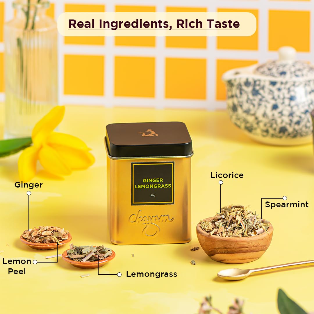Chayam Ginger Lemongrass Tea - 50gm Tin, 1.7 Ounce | Refreshing Blend With Lemon Peel, Licorice & Spearmint - Rich In Antioxidants | Caffeine Free