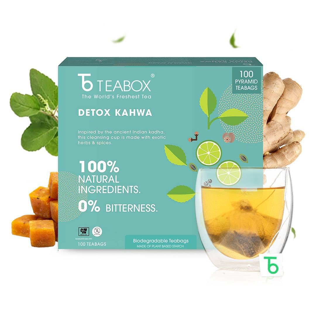 Teabox Detox Kahwa Herbal Tea - 100 Pyramid Tea Bags | Made With 8 Natural Ingredients - 100% Bio Degradable Teabags | 0% Bitterness