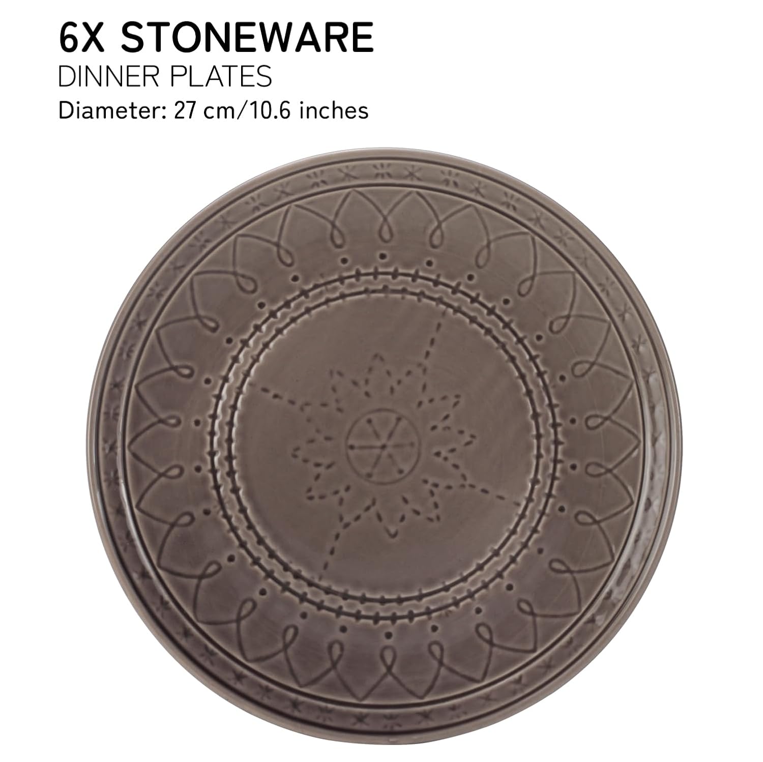 Ceramic Hand Glazed Large Embossed Dinner Plates Set Of 6 - 10.6 Inch, Ash Grey | Handcrafted Stoneware - Microwave Safe & Dishwasher Safe