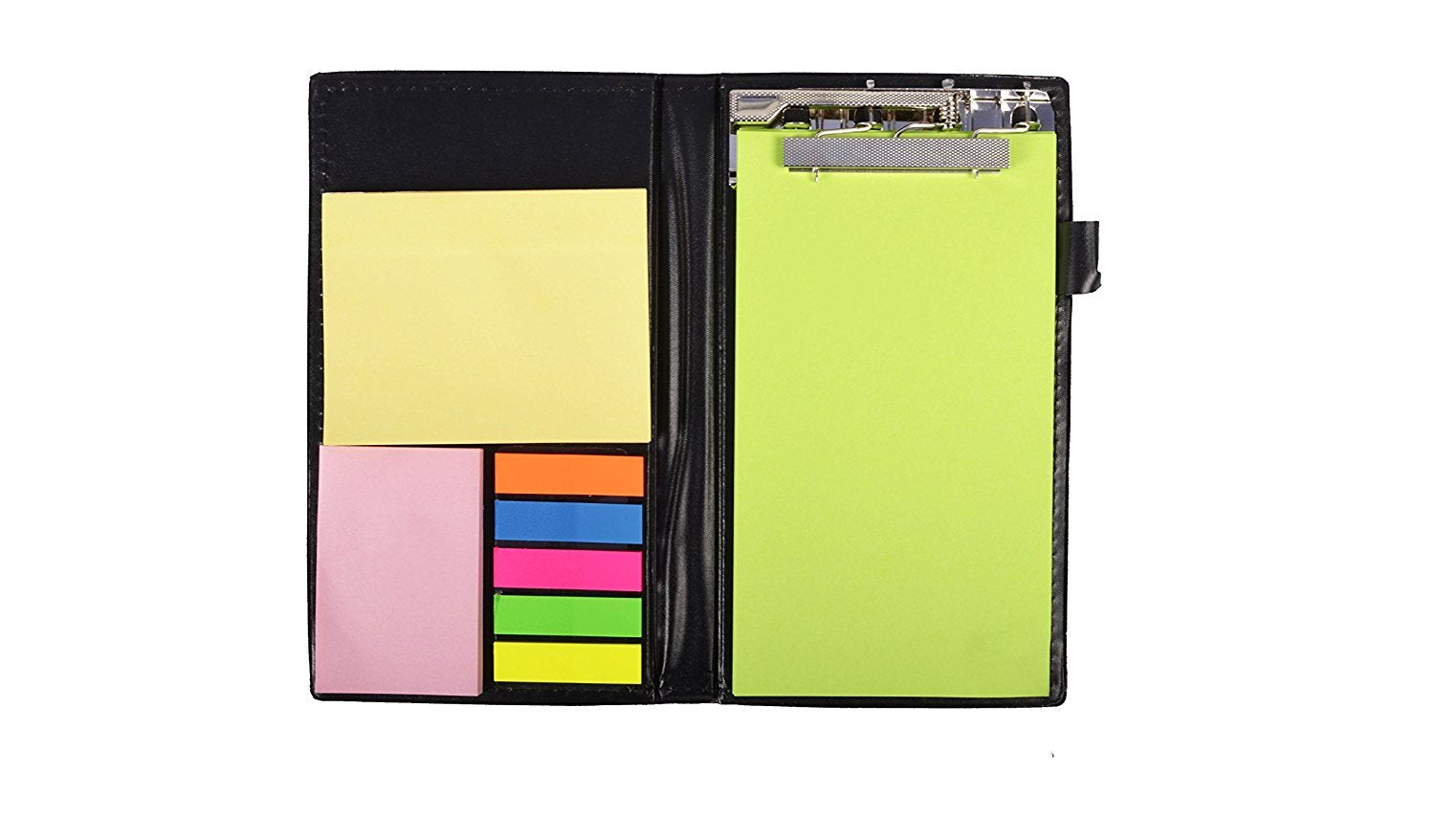 Sticky Notes, Clip Holder & Pen | Desk & Office Organizer Notebook (Neon)