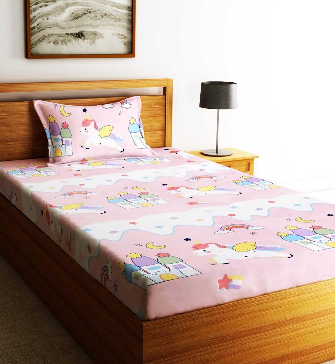 Kids Unicorn Single Bedsheet With 1 Pillow Cover - 55 X 86 Inches, Baby Pink | Durable, Long Lasting Fabric | Soft To Touch And Comfortable