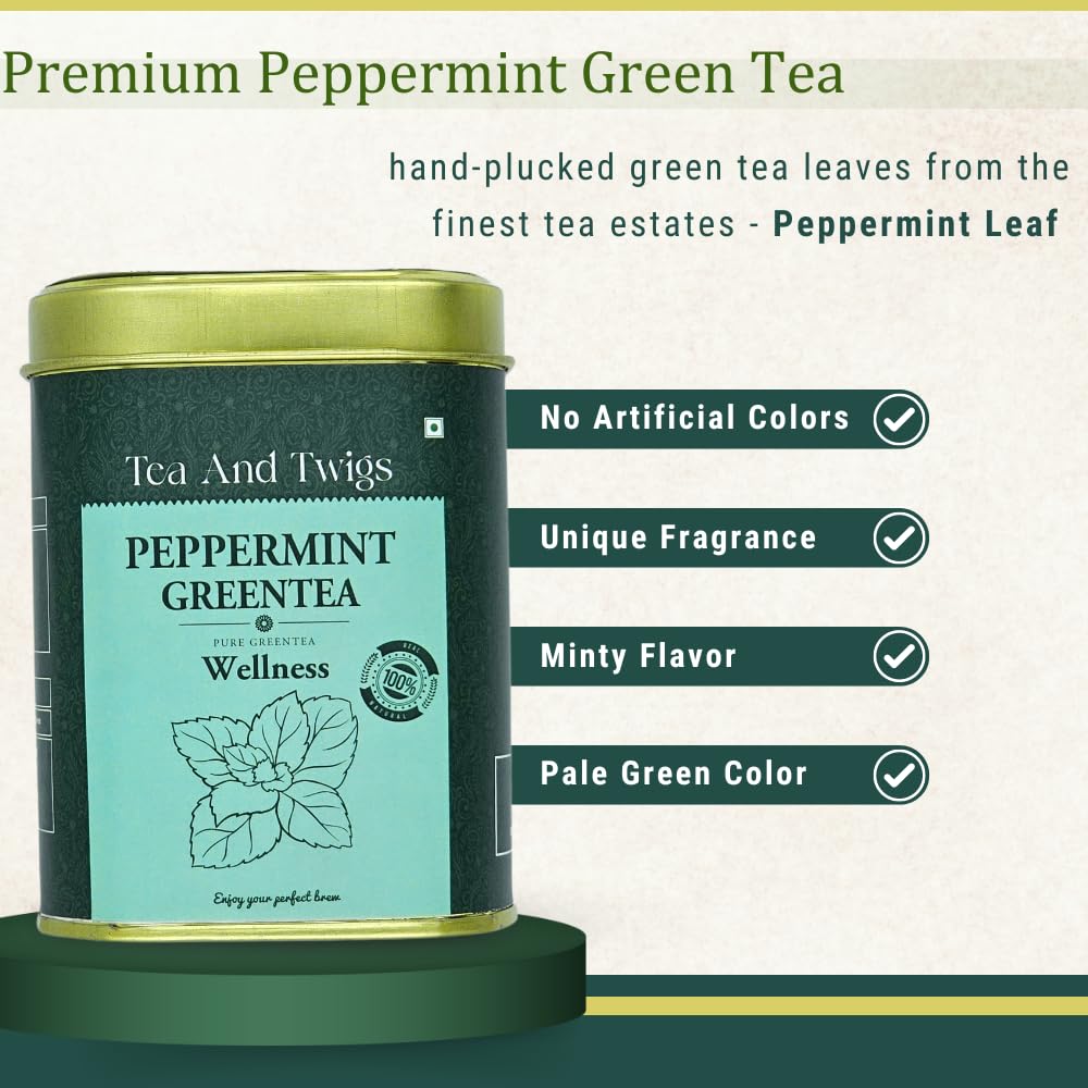 Tea And Twigs Peppermint Green Tea - 30gm, 1.05 Ounce, 15 Pyramid Teabags | Wellness Boost, Superfood Medicinal Tea - Caffeine Free