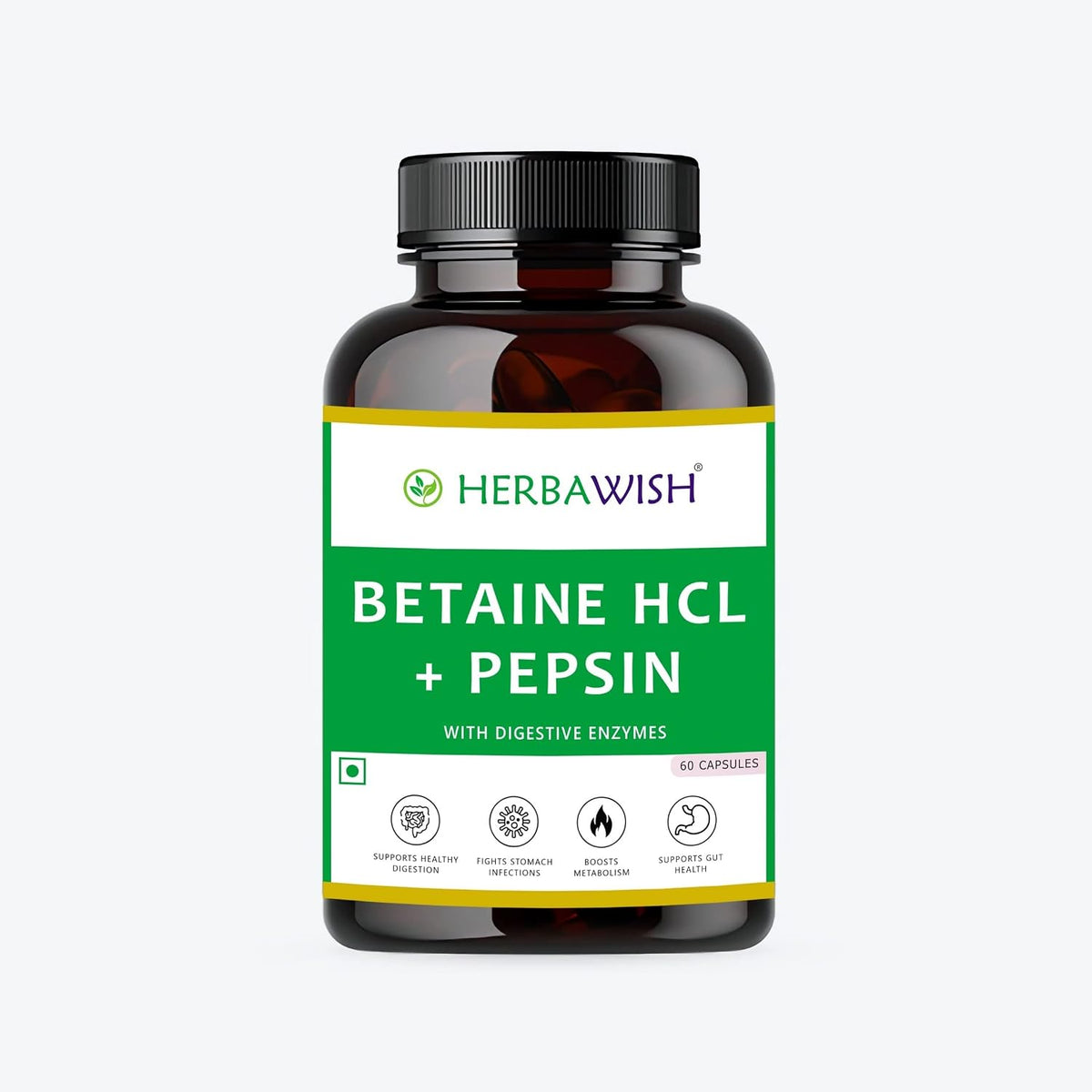 Herbawish Betaine Hcl + Pepsin With Digestive Enzymes, Supports Healthy Gut, Digestion, Acidity Problems & Boosts Metabolism | 60 Veg Capsules, 100gm 0.2lbs