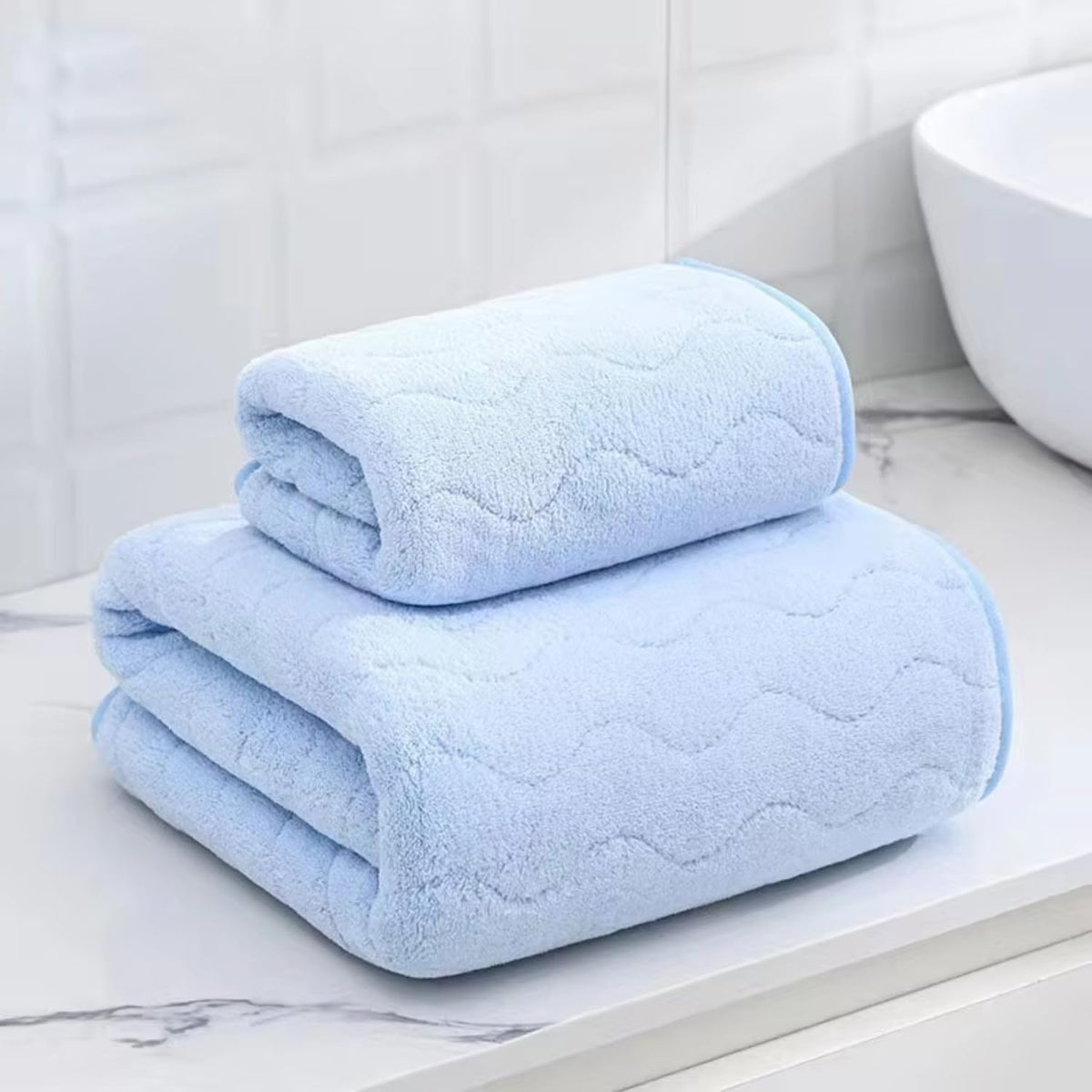 HomeCloud Microfiber Soft & Fuffy Bath & Face Towel 400 Gsm With Hanging Loop | 3x Softer Than Cotton Towels | Highly Absorbent Set Of 2 (Waves SkyBlue)