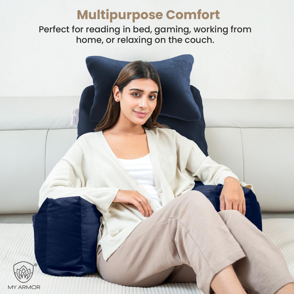 Backrest Pillow For Bed With Detachable Neck Rest & Support Arms, Navy Blue | Soft Reading Pillow, Back Support Wedge Pillow For Working, Seating & Relaxing In Bed, Adjustable Pillow