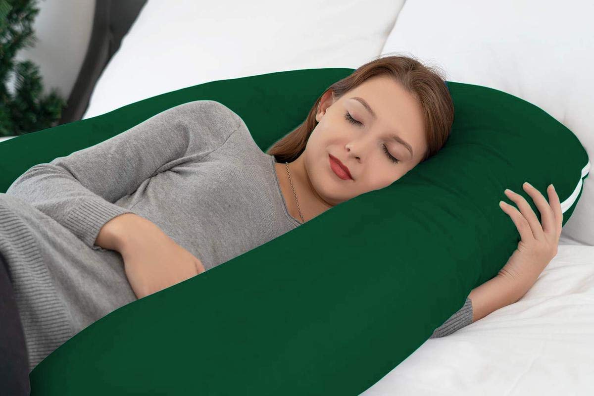 Premium Multipurpose Microfiber Pregnancy Pillow For Pregnant Women - Dark Green | 100% Cotton, Zippered Cover, Lightweight, Removable Cover, Full Body Pillow, Soft Pillow - Pack Of 1