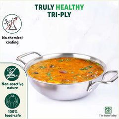 Triply Stainless Steel Kadai With Glass Lid For 3-4 People - Medium 23.4cm, 9.2 Inch, 2.7 Liters, 1.2 Kg | Induction Friendly, Nonstick 3-Layer Body, 100% Pure & Toxin-Free, No Chemical Coating