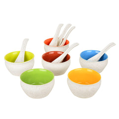 Ceramic Matt Finish Soup Bowls With Spoon Set Of 6 - 200ml Each, White & Multicolor | Ceramic Maggi Bowls - Cereal Bowls