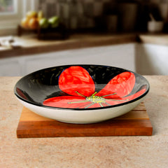 Hand Painted Chic & Sleek Ceramic Shallow Serving Bowl - 8.5 Inches, Red & Black | Salad Bowl, Pasta Serving Bowl - Snack Bowl