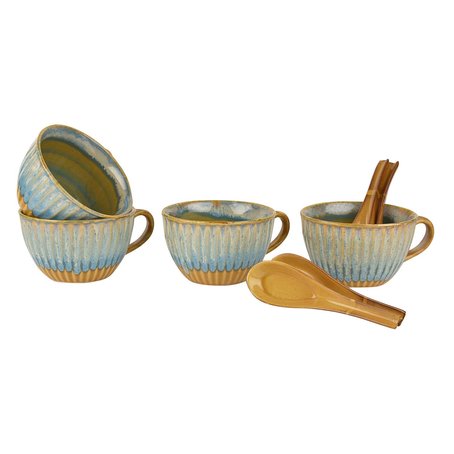 Studio Pottery Hand Glazed Dual Tone Ceramic Soup Cup With Spoon Set Of 4 - 300ml Each, Teal & Sand Yellow | Cereal Cups - Maggi Serving Bowls