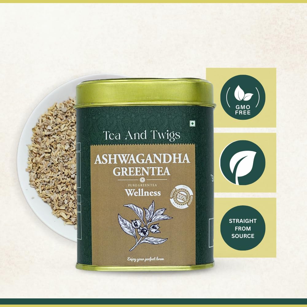 Tea And Twigs Ashwagandha Green Tea - 30gm, 1.05 Ounce, 15 Teabags | Ayurvedic Blend Of Himalayan Green Tea, Natural Ashwagandha & Real Cardamom - Boosts Immunity & Improves Memory, Caffeine Free
