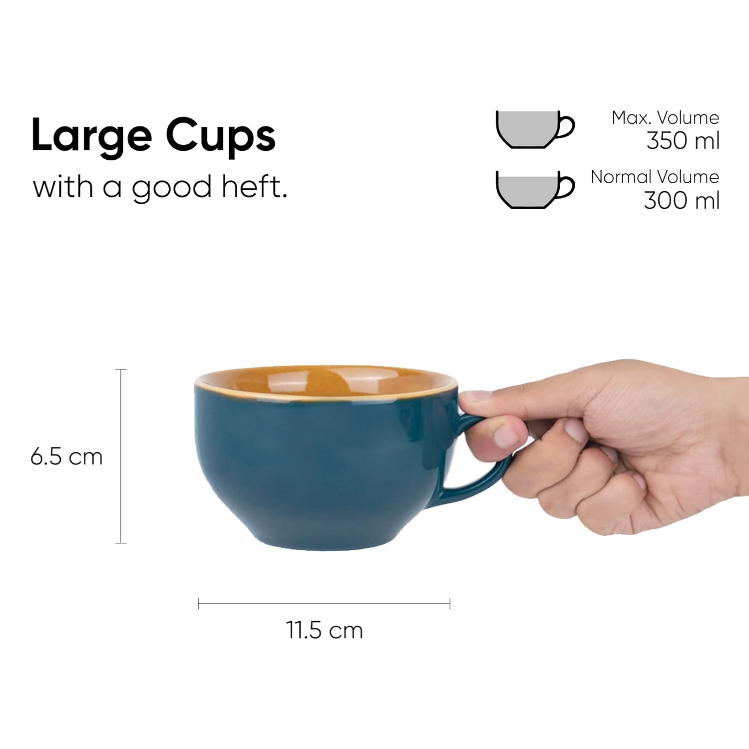 Large Ceramic Coffee Cup Set Of 2 - Teal Green, 350ml Each | Cappuccino Cup With Glossy Finish - Large Ceramic Coffee Cup | Premium Stoneware Coffee Cup - Microwave Safe, XL Cuppa