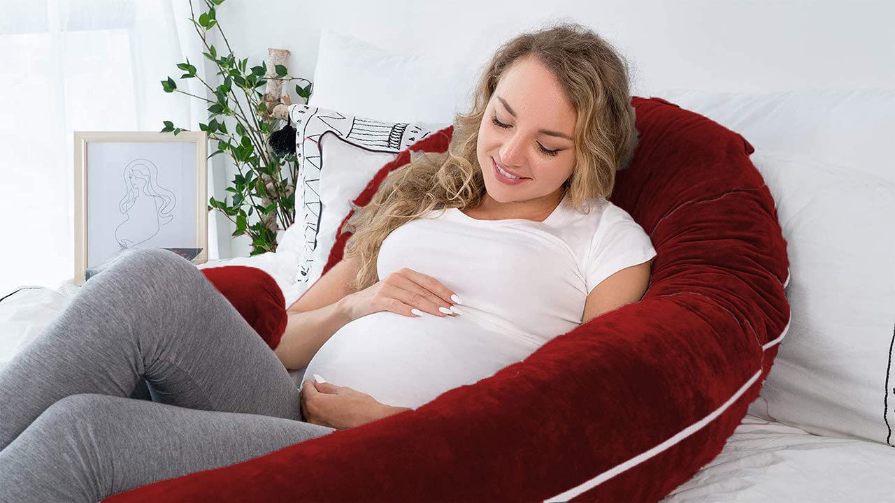 Pregnancy Pillow, Maternity Body Pillow For Sleeping, C Shaped Pillow, Maroon - 55 Inch | Full Body Pillow, Pregnancy Pillow For Pregnant Women, Support Belly & Back, Removable Velvet Cover