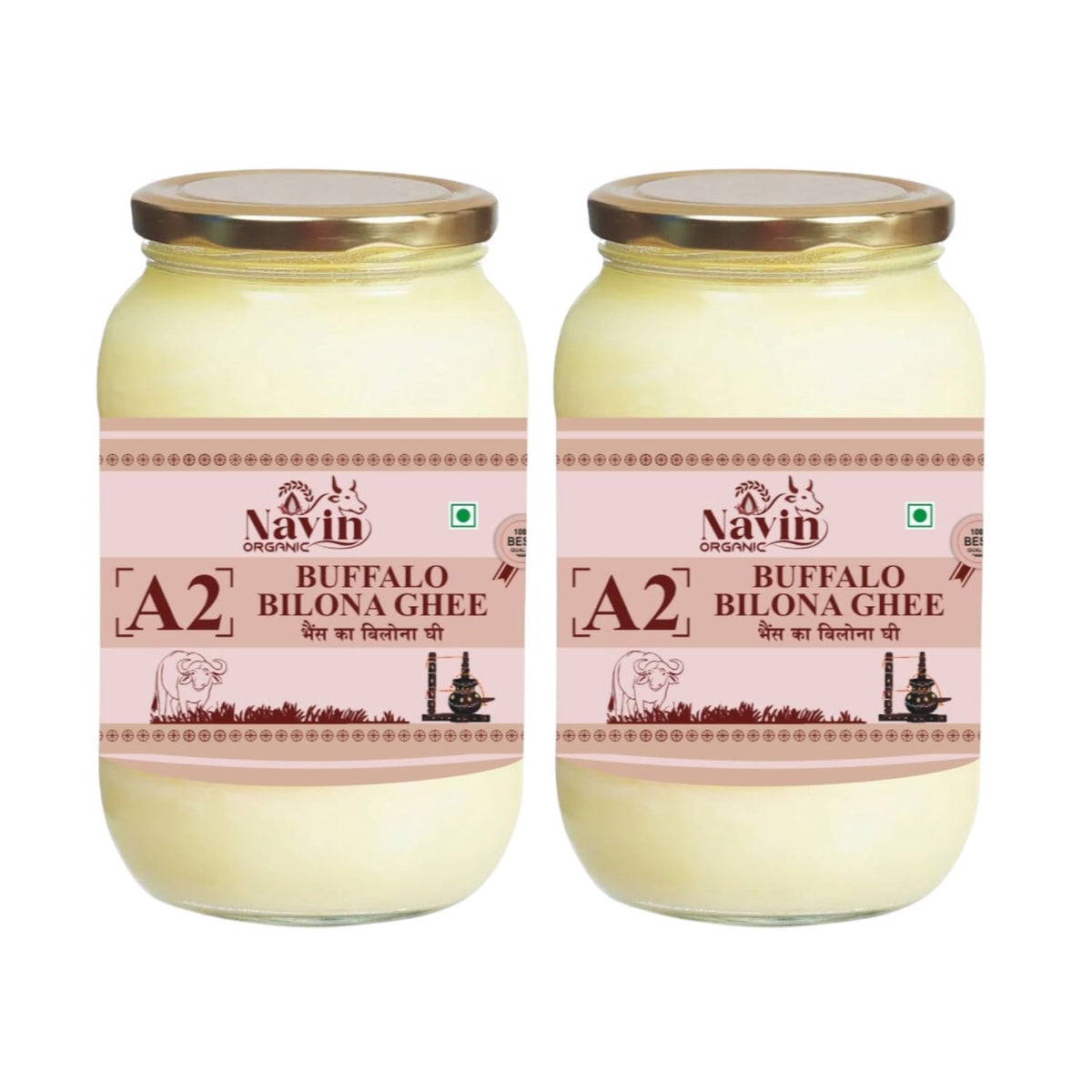 100% Pure A2 Desi Buffalo Bilona Ghee By Navin Organic | Rich In Nutrients & Delicious Healthy Desi Buffalo Ghee Good For Bones Health | 500ml (250ml * 2) 16.9 Ounce | Jar Pack