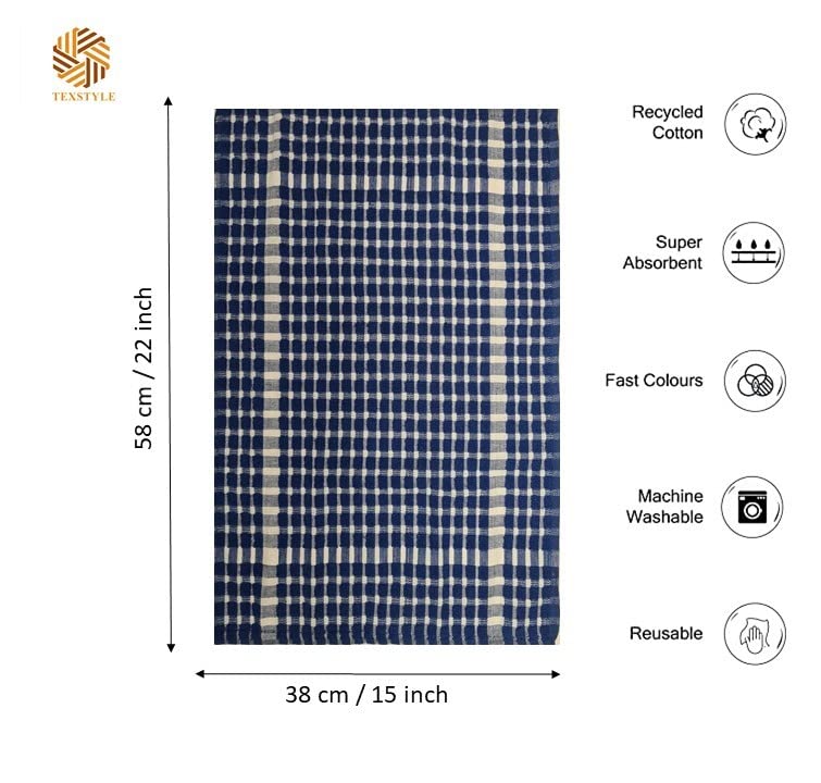 Texstyle Kitchen Cleaning Towel 400 Gsm | Soft & Absorbent Hand Towel For Kitchen Cleaning & Quick Drying Of Plates & Glasses (Blue) - Set Of 4