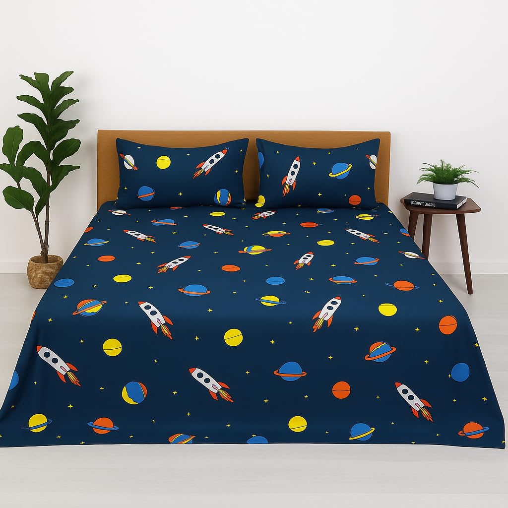 Kids King Size Bedsheet With 2 Pillow Cover - 102 X 108 Inches, Navy Blue | Wrinkle-Free & Fade Resistant | Perfect For Child Bedroom Bedsheet