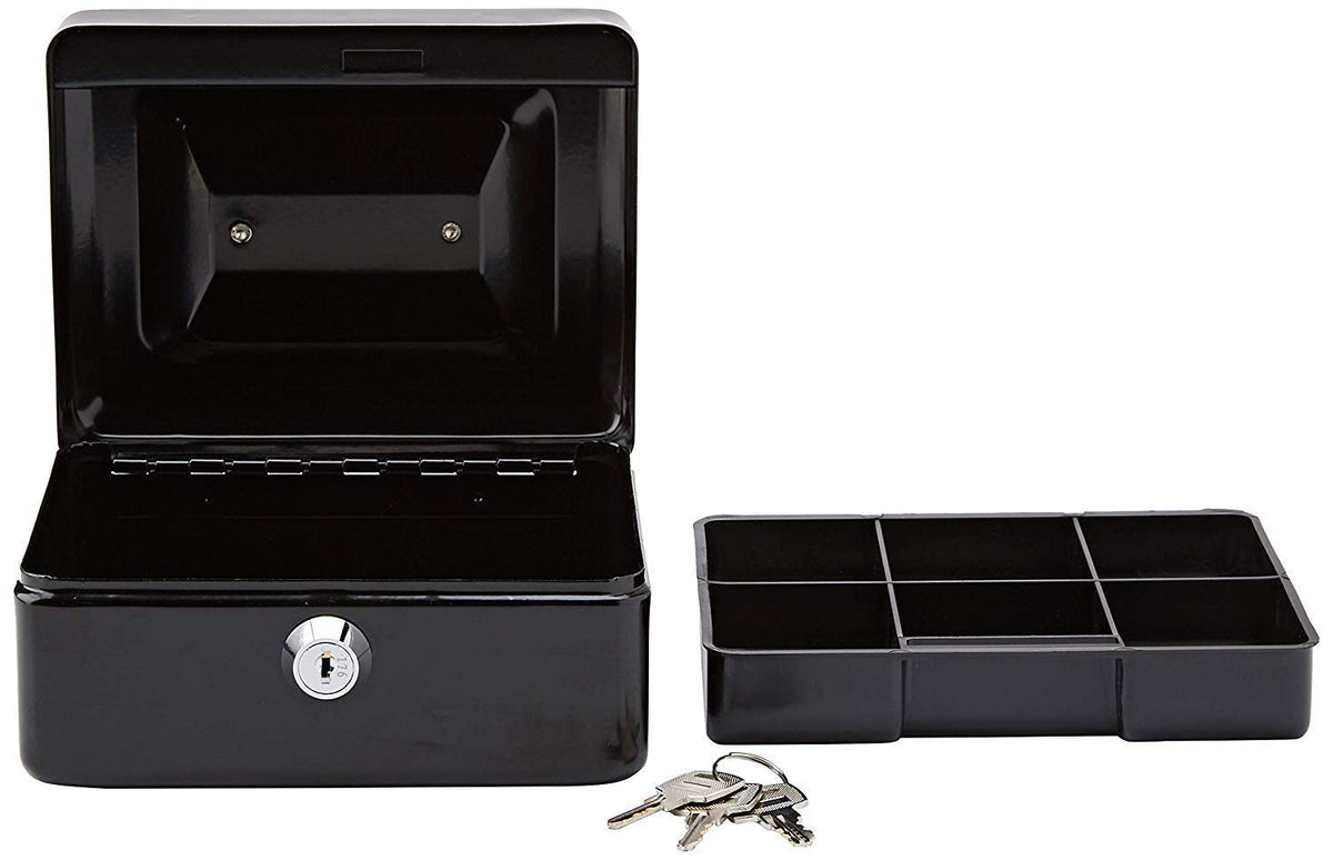 Cash Box With Key Lock With Coin Trey, Portable, 8" Inch Petty Cash Box, Money Safe Box, Colour - Black, Material - Alloy Steel