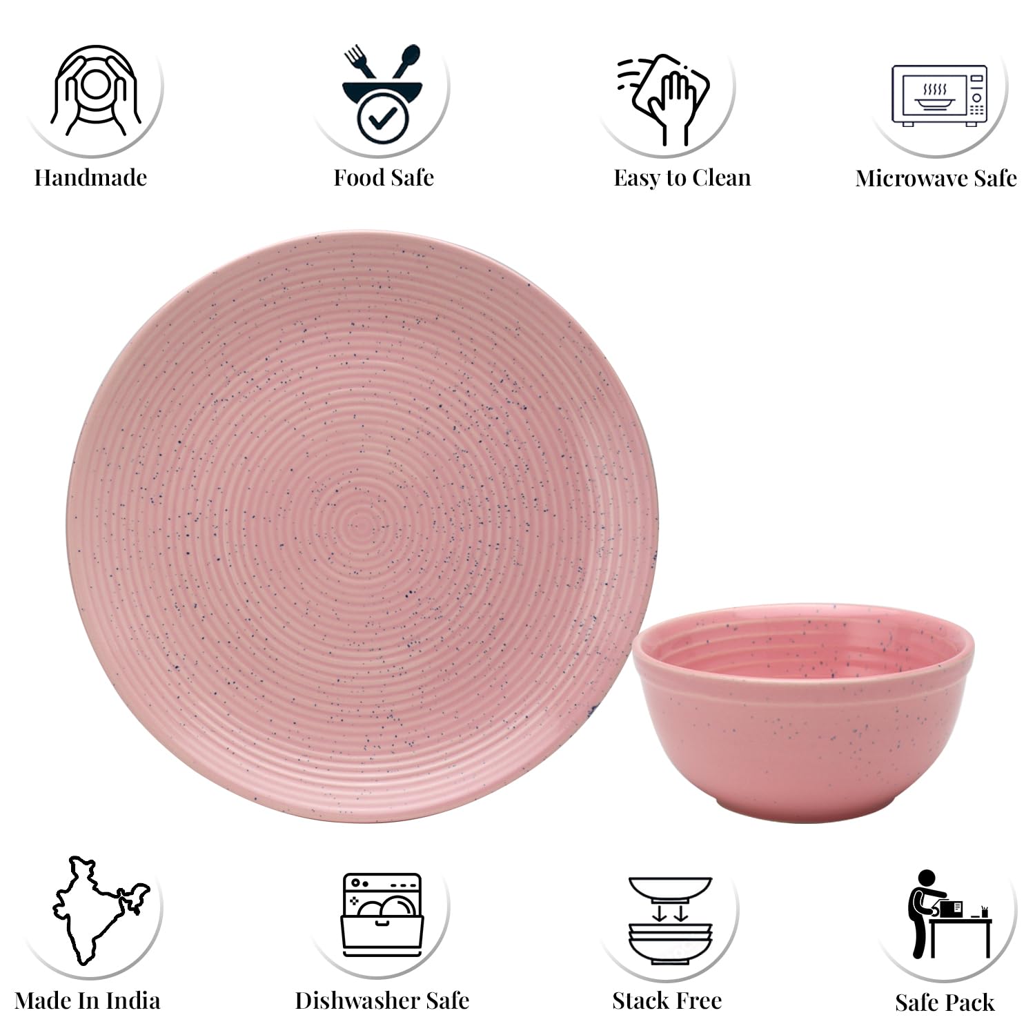 Handcrafted Ceramic Stoneware Dinner Set - Pack Of 12 Pcs, Blush Pink | 4 Dinner Plates, 10.6 Inch Each + 8 Small Dinner Bowl, 180ml Each - Microwave & Dishwasher Safe