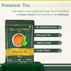 Tea And Twigs Premium Tea - Pack Of 2 X 250gm, 8.8 Ounce Each | Premium Second Flush CTC Chai Patti & 100% Natural Spices - Kadak Black Tea | Medium Caffeine Assam Tea