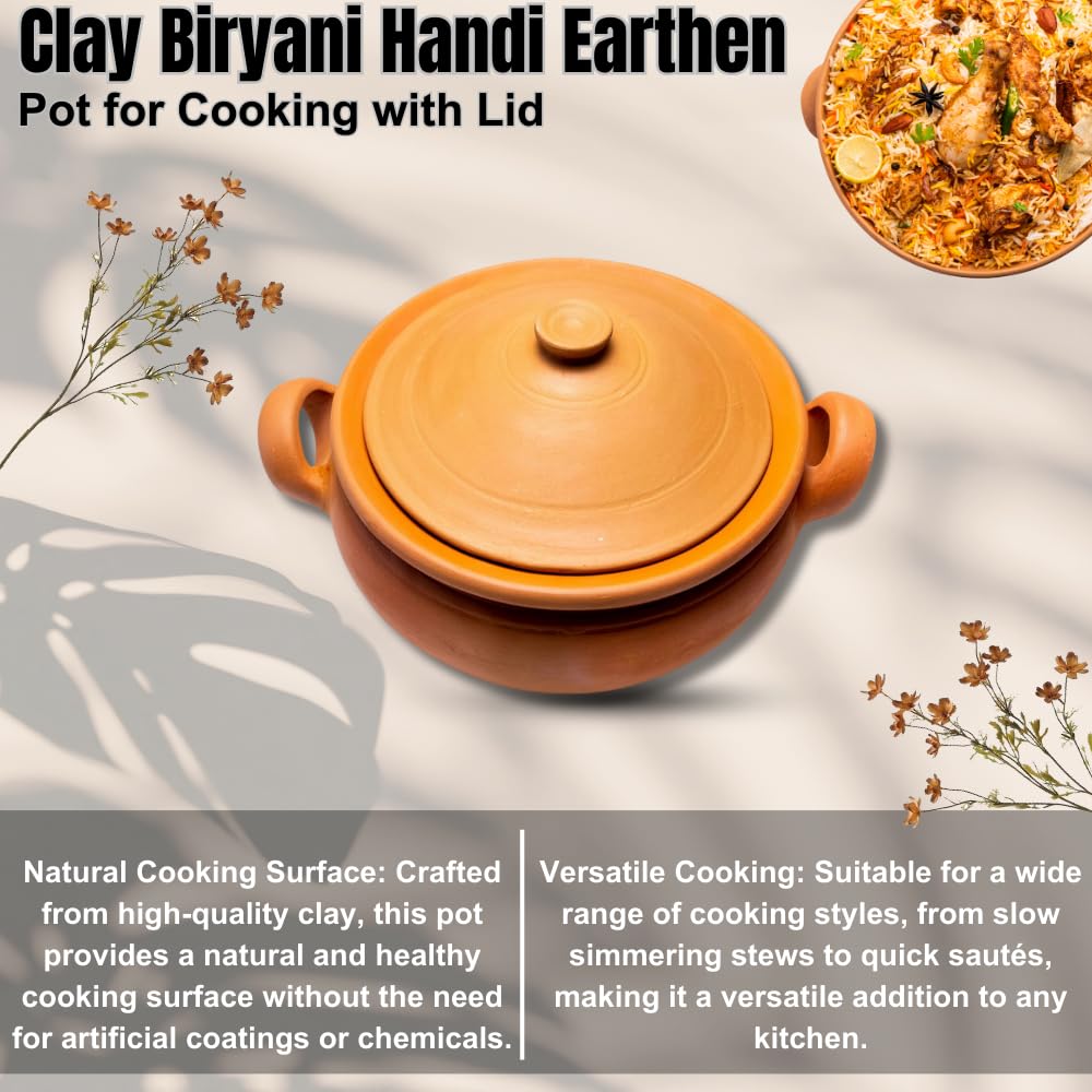 Exclusive Range Unglazed Clay Pot For Cooking & Serving Lid, Red-Ochre (Gerua) | Earthen Kadai | Mud Biryani Handi | Mitti Ke Bartan Mirror Shine 2.5 Liters, 2 Pieces