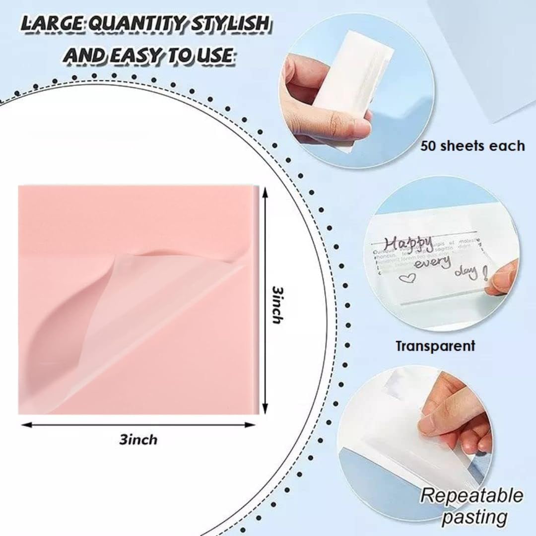 Transparent Self Sticky Note Pads, Clear Notes 76mm X 76mm Transparent Self Sheet 200 Pcs (Pink)