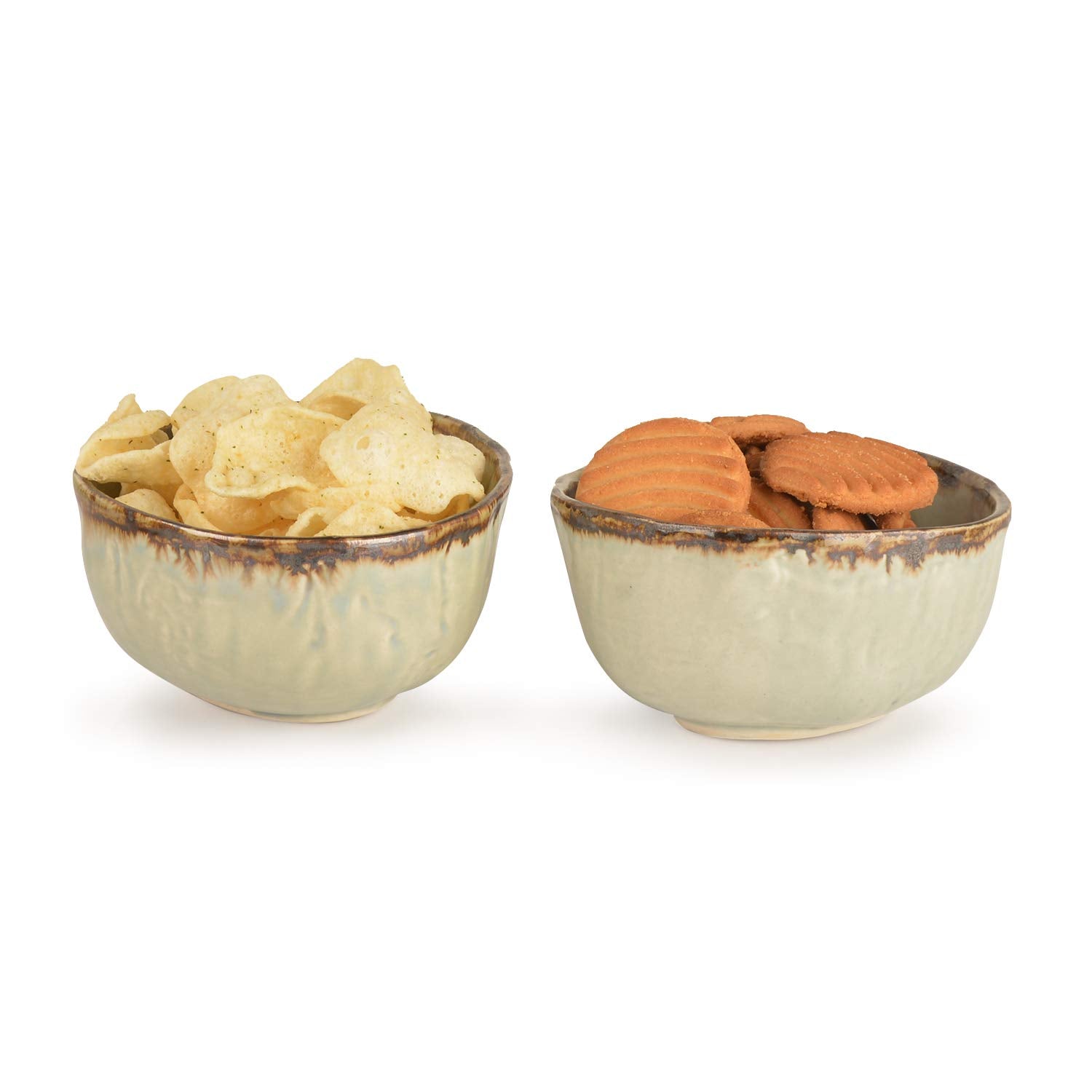 Organic Shaped Studio Pottery Snack Bowls Set Of 2 - Brown, 400ml Each | Decorative Bowls For Kitchen