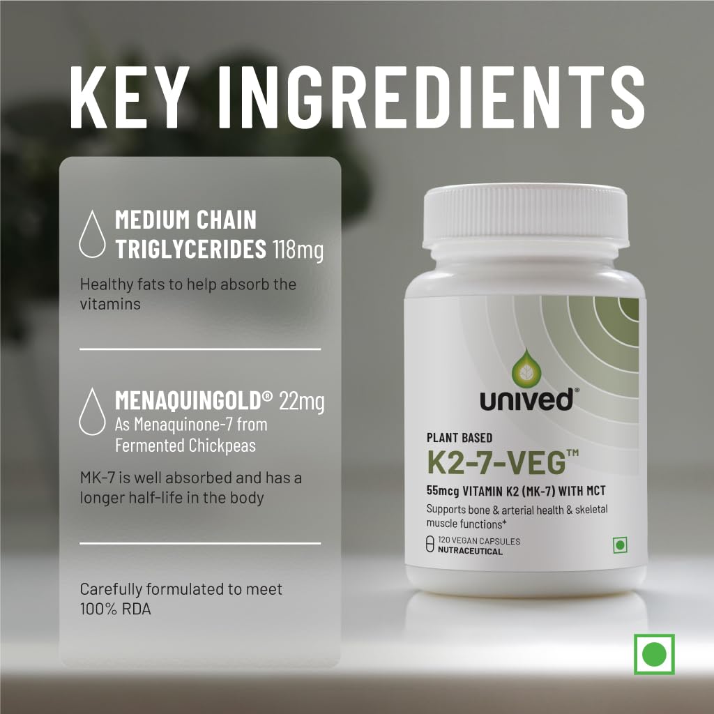 Unived Vitamin K2-7 (Menaquingold) 55mcg, Plant - Based Vitamin Mk-7, For Optimal Calcium Absorption, Heart & Bone Health | 120 Veg Capsules , 200gm 0.4lbs