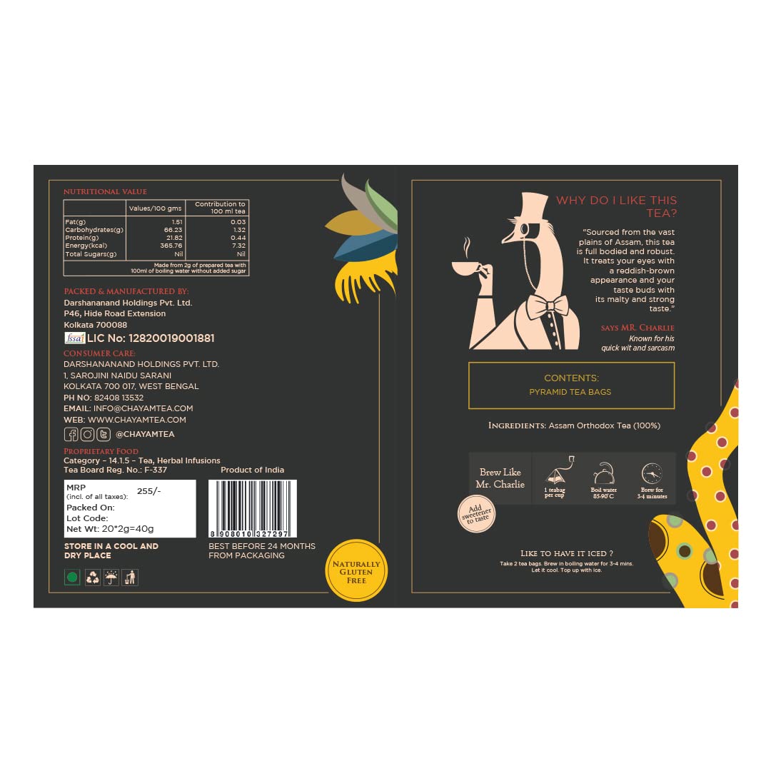 Chayam Warm Assam Tea - Pack Of 2 X 20 Pyramid Tea Bags | Premium Orthodox Whole Leaf Black Tea - Make Iced Or Hot Tea | Low Caffeine, Gluten Free, High Antioxidants