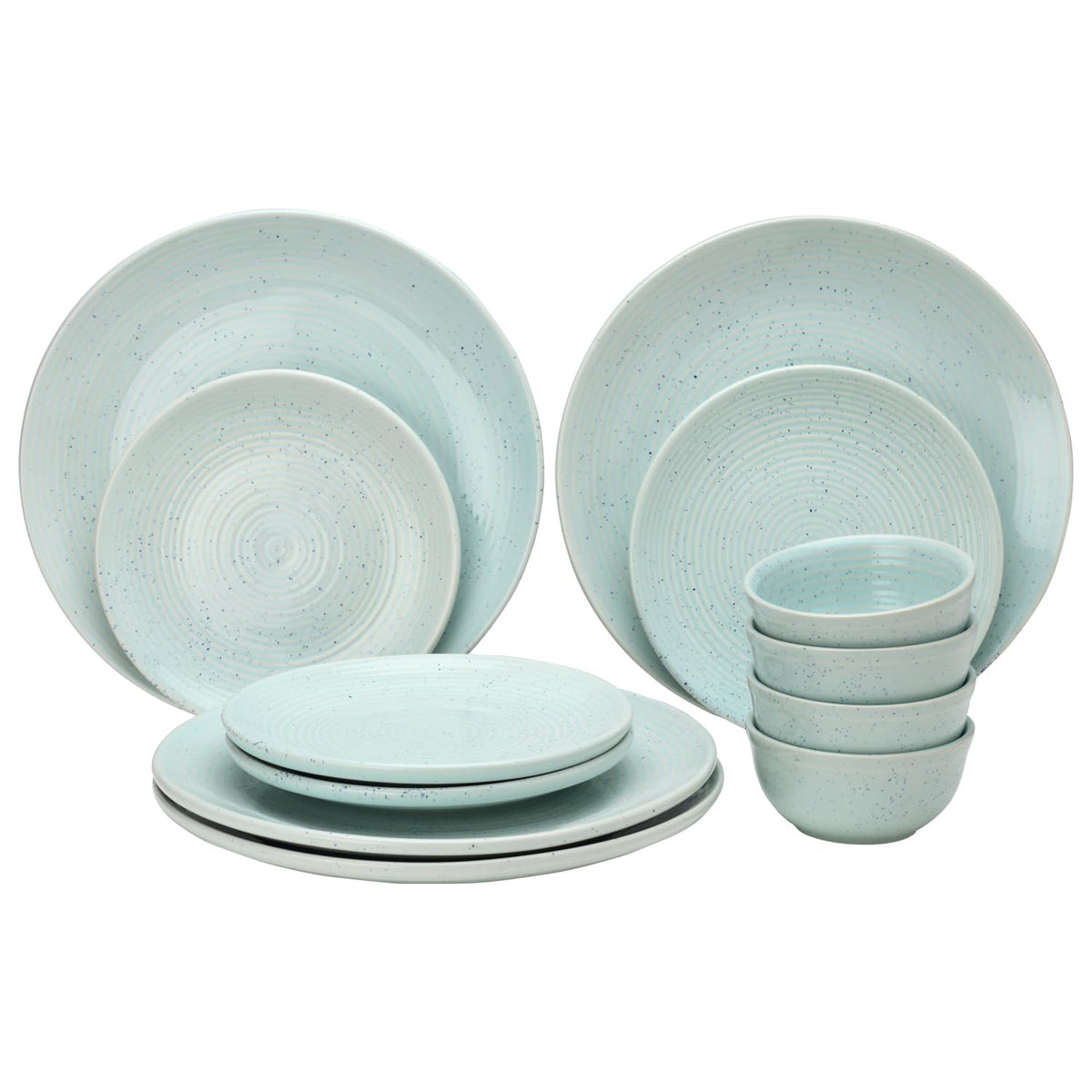 Handcrafted Ceramic Stoneware Dinner Set - Pack Of 12 Pcs, Mint-Green | 4 Dinner Plates, 10.6 Inch Each + 4 Small Plates, 7.4 Inch Each+ 4 Small Dinner Bowl, 180ml Each - Microwave & Dishwasher Safe