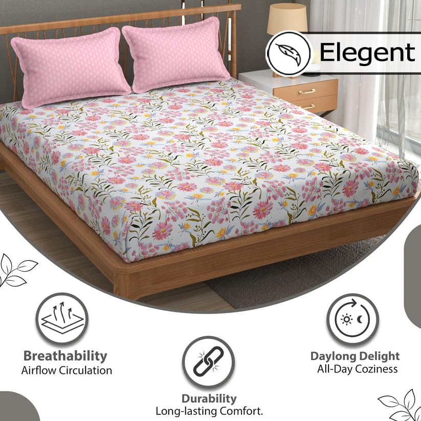 Bedsheet For Double Bed Queen Size With 2 Pillow Cover - 100 X 100 Inches, Pink & White | Perfect For Gifting On Weddings Bedsheet