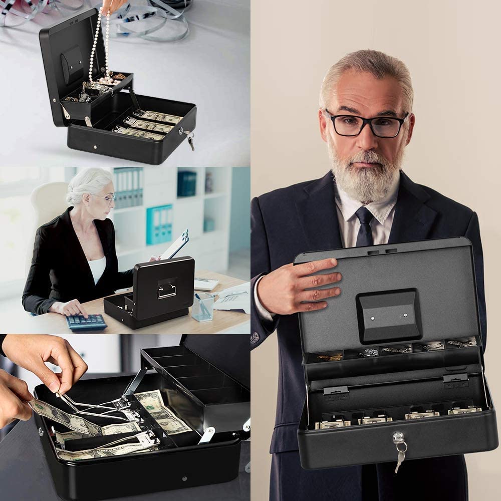 Locking Cash Box With Lock, Money Box With Cash Tray, Lock Safe Box With Key, Money Saving Organizer, 4 Note, 5 Coin Slots, Colour - Black