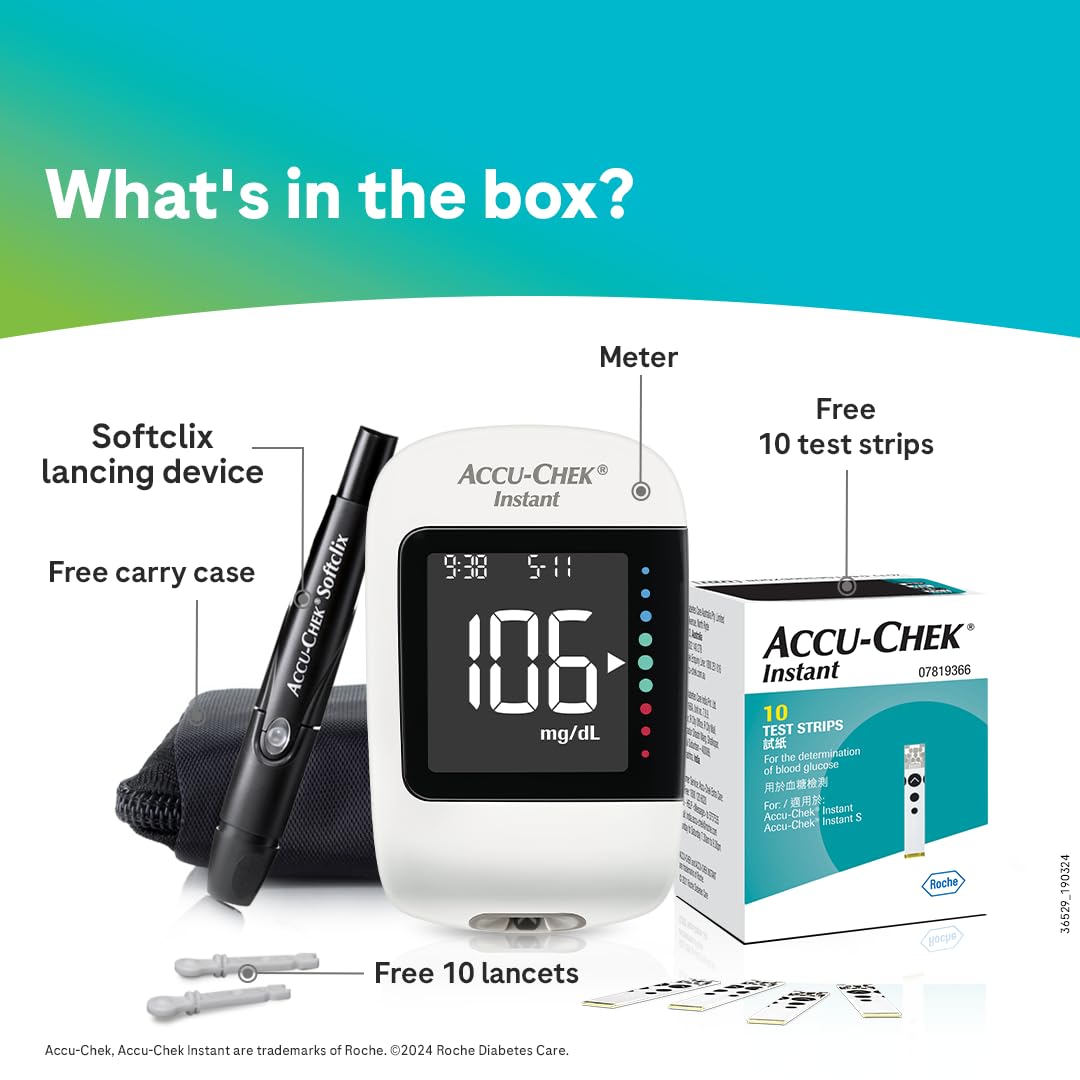 Accu-Chek Instant Blood Glucose Glucometer (with Bluetooth) with Vial of (10 Strips) 10 Lancets and a Lancing Device FREE for Accurate Blood Sugar Testing