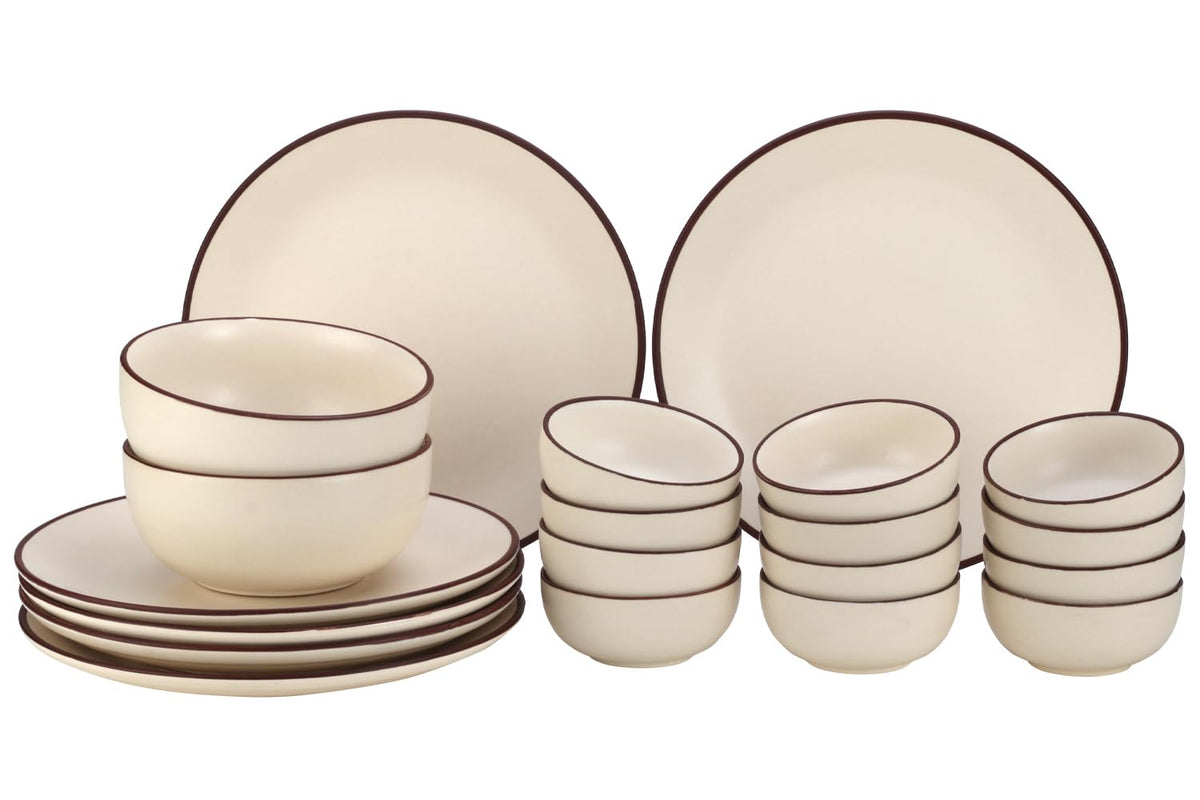 Handcrafted Ceramic Stoneware Dinner Set Of 20 Pcs With Serving Bowl Set - Off White | 6 Dinner Plates, 10.6 Inch Each + 12 Small Dinner Bowl, 170ml Each+ 2 Serving Bowl, 1000ml Each | Serving For 6