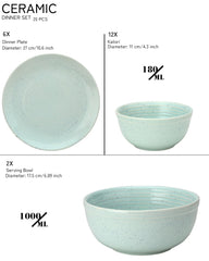 Handcrafted Ceramic Stoneware Dinner Set Of 20 Pcs With Serving Bowl Set - Mint Green | 6 Dinner Plates, 10.6 Inch Each + 12 Salad Bowl, 180ml Each+ 2 Serving Bowl, 1000ml Each | Serving For 6