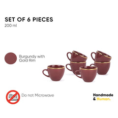 Real Gold Line Ceramic Tea Cups Set Of 6 - Burgundy Gold Line, 200ml Each | Tea Cup Set Of 6 - Premium Ceramic Tea Set With Glossy Finish | Ceramic Tea Cup