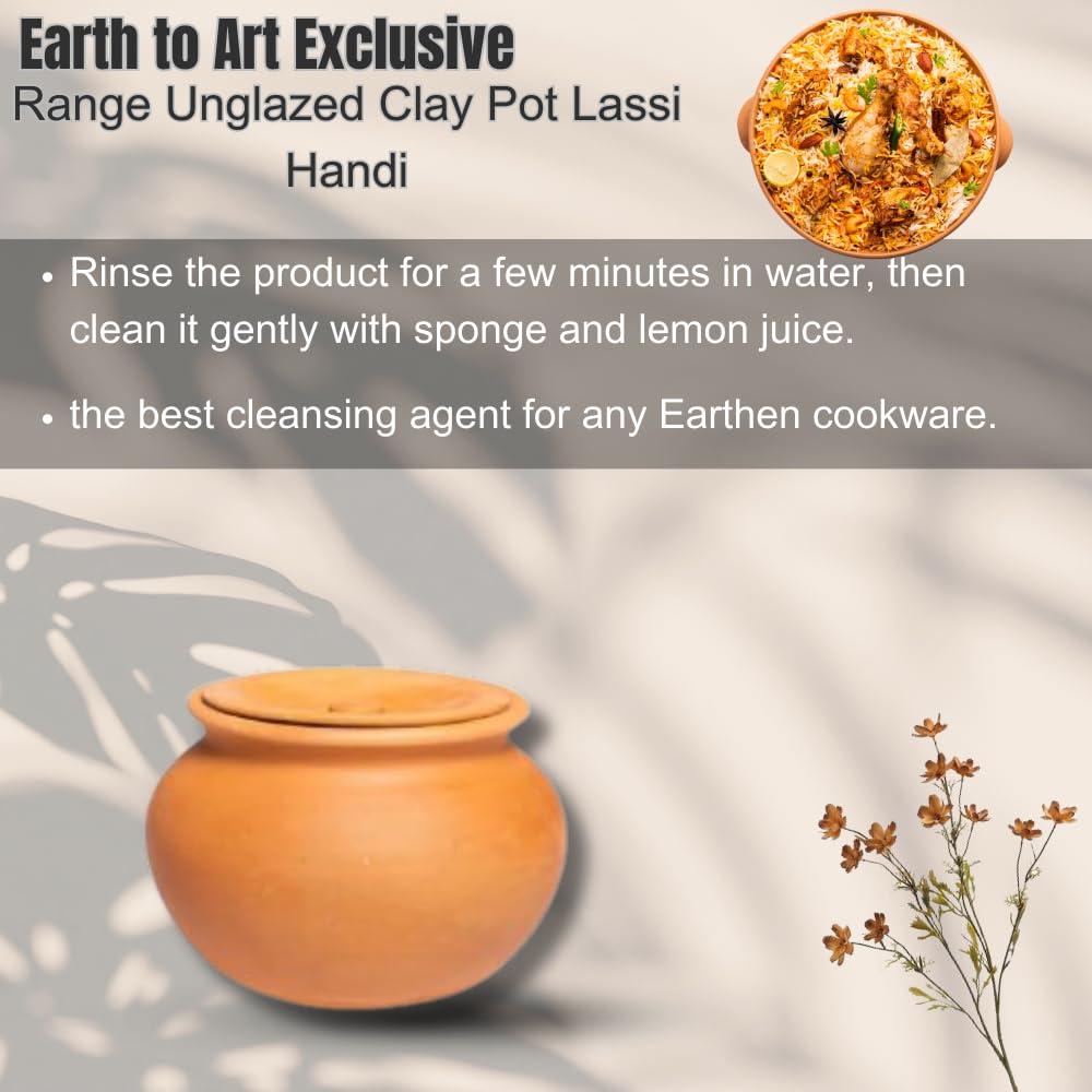 Exclusive Range Unglazed Clay Pot With Lid - 1.5 Liters | Lassi - Dahi - Yoghurt Handi | Biryani Handi - Earthen Kadai - Mud Handi | Mitti Ke Bartan With Lid