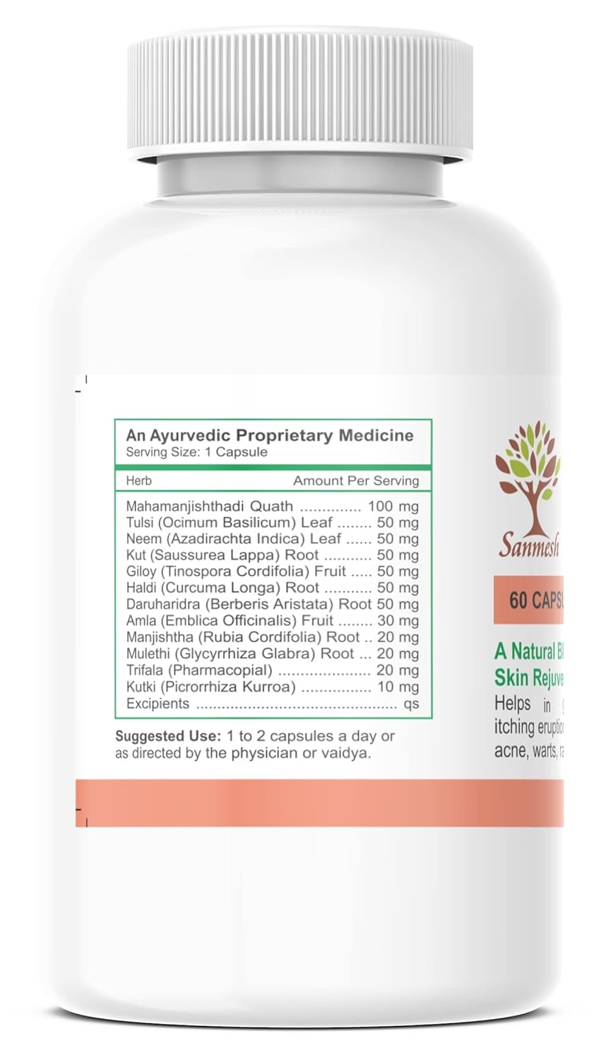 Sanmesh Ayurvedic's Skin Clean Herbal Capsules Enriched With Mahamanjishtadhi Quath, Tulsi, Neem, Haldi, Giloy & Triphala 12 Ingredients For Pimples, Acne, Warts & Rashes | 60 Capules 100gm 0.2lbs