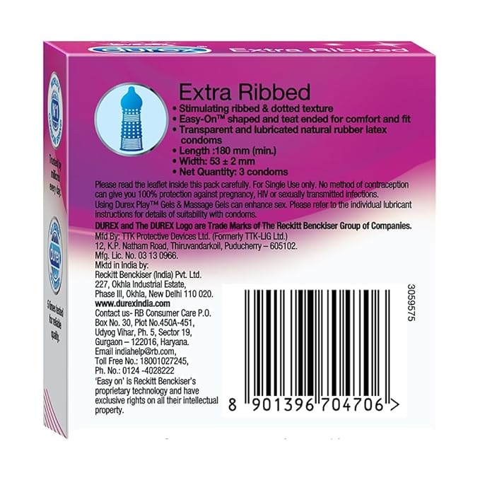 Durex Extra Ribbed - Pack Of 3 Condoms