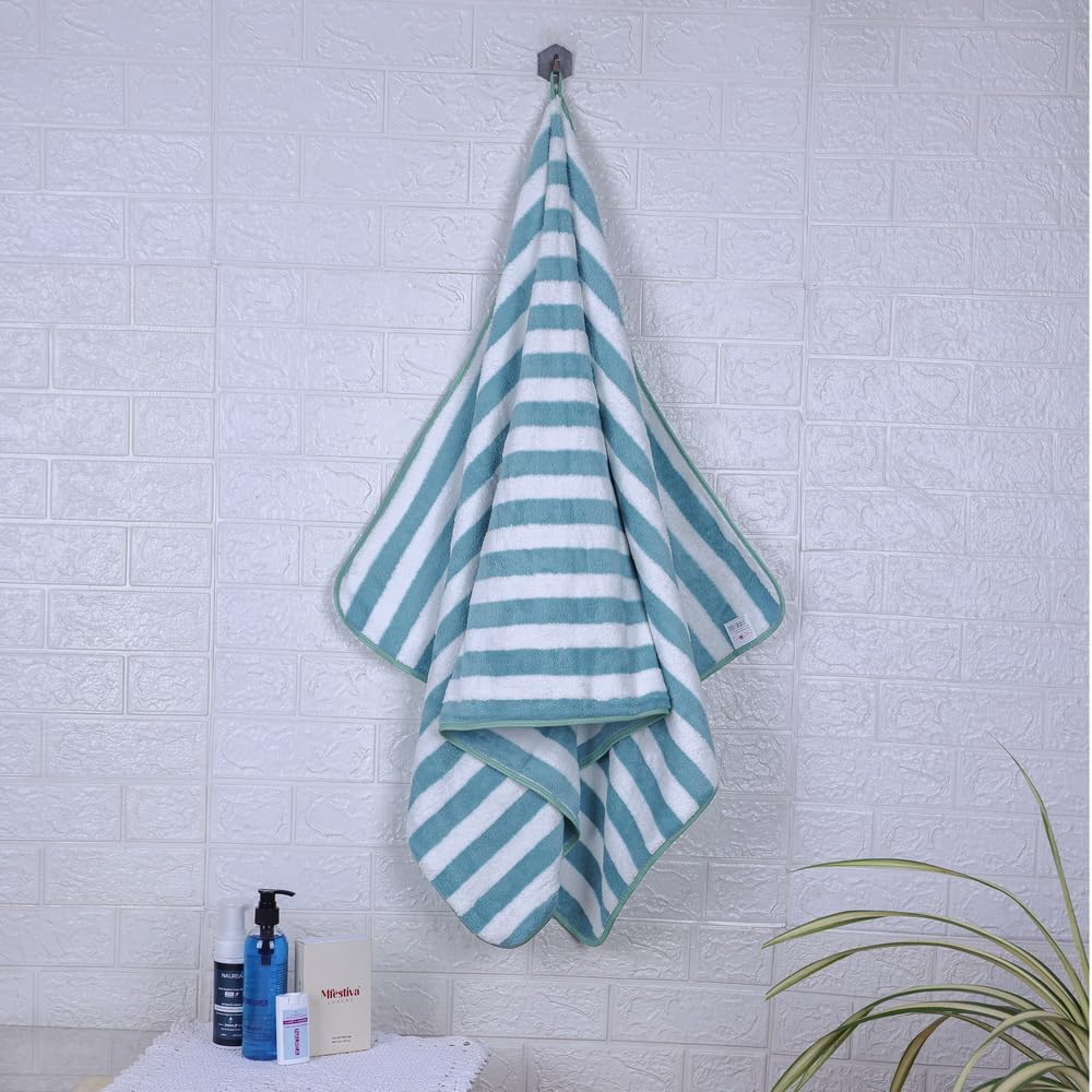 Fezora Microfiber Bath Towels Strip 290 Gsm | Extra Soft Plush & Quick Dry High Absorbency Large Size Towels For Bathing (Pista & White)