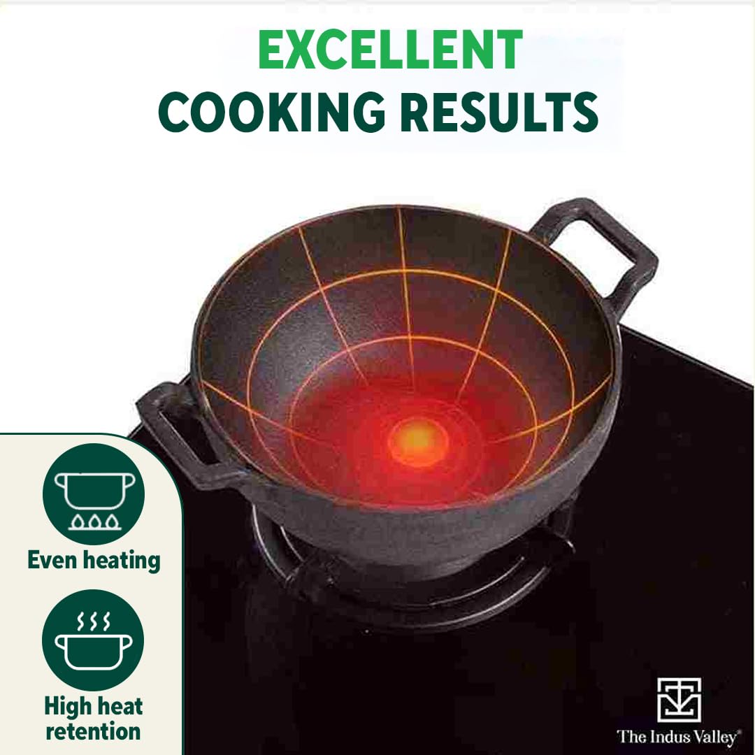 Pre-Seasoned Black Cast Iron Kadai With Curved Handles - Small, 21 Cm, 8 Inch, 1.7 Liters, 1.7 Kg | Induction Friendly, Naturally Nonstick Kadhai, 100% Pure & Toxin-Free, No Chemical Coating