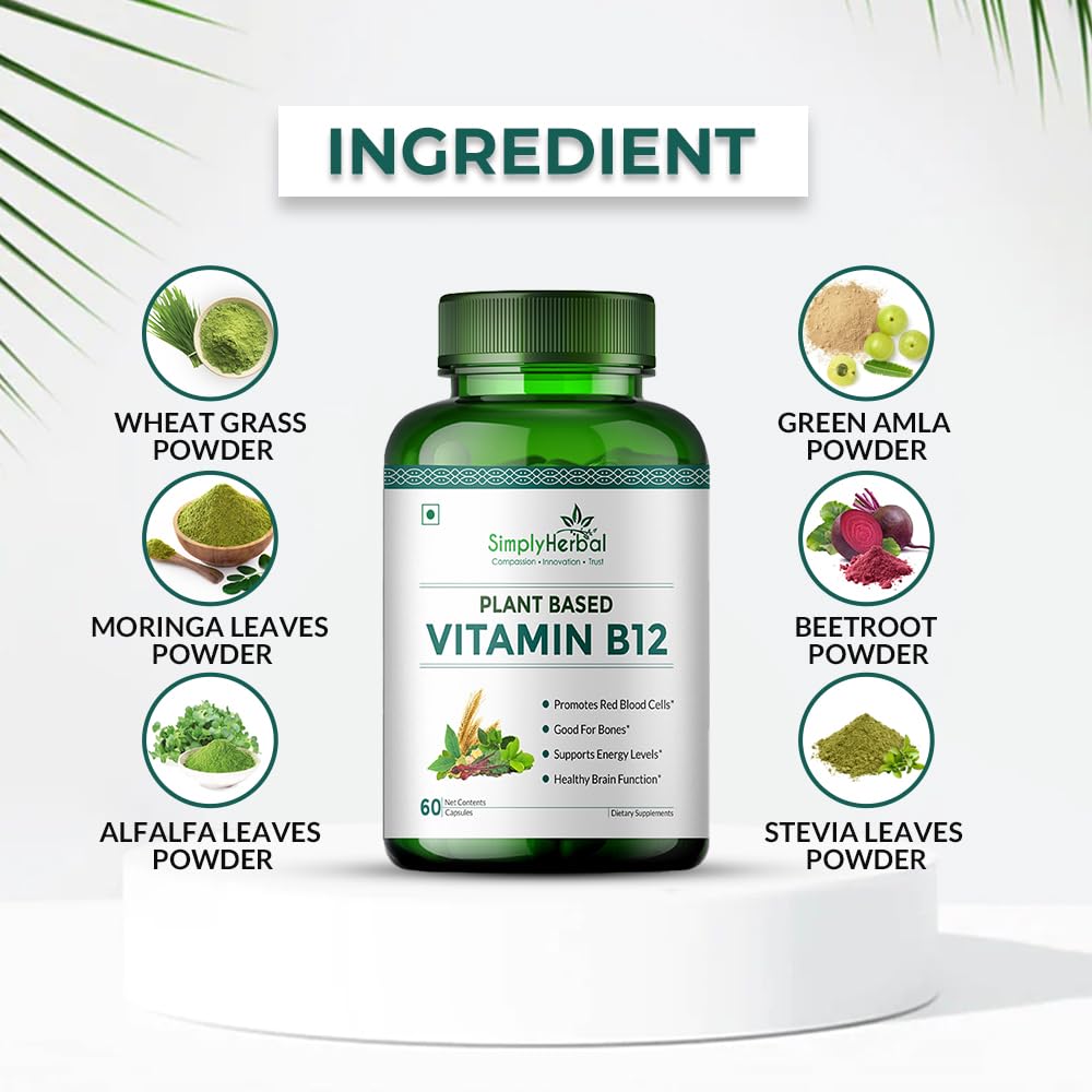 Simply Herbal Plant Based Vitamin B12 Capsules Improves Your Brain Function & Nervous System For Men & Women | 60 Capsules , 100gm 0.2lbs