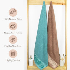 Rangoli 100% Cotton Fibre Bath Towel 1200 Gsm | Highly Durable & Absorbent Towel | Skin-Friendly & Quick Drying Luxury Towels (Blue & Golden Brown) - Pack Of 2