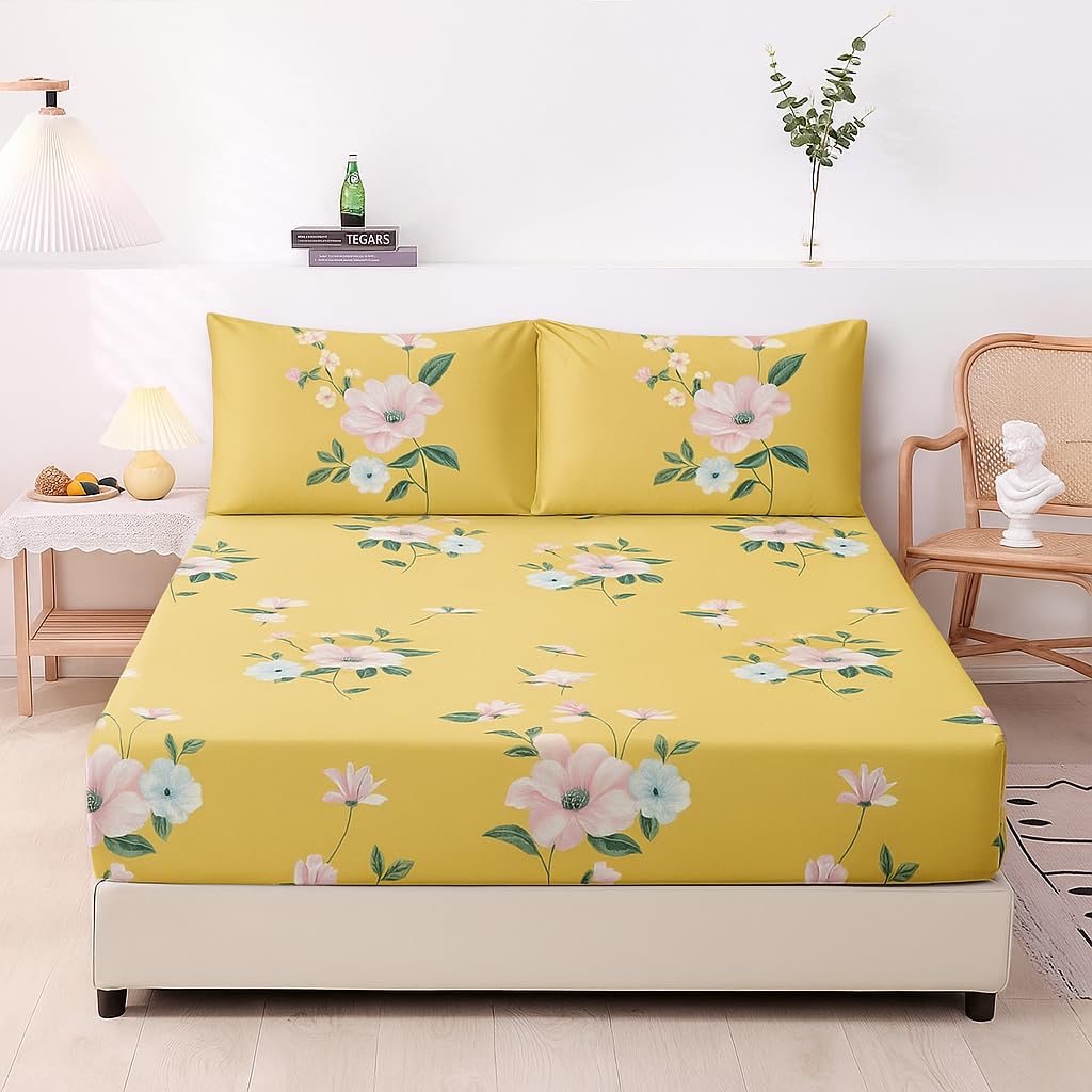 1 Bedsheet For Double Bed With 2 Pillow Covers - 90 X 100 Inches, Yellow | Premium Cotton Material Double Bedsheet Queen Size | Skin Friendly & Long Lasting