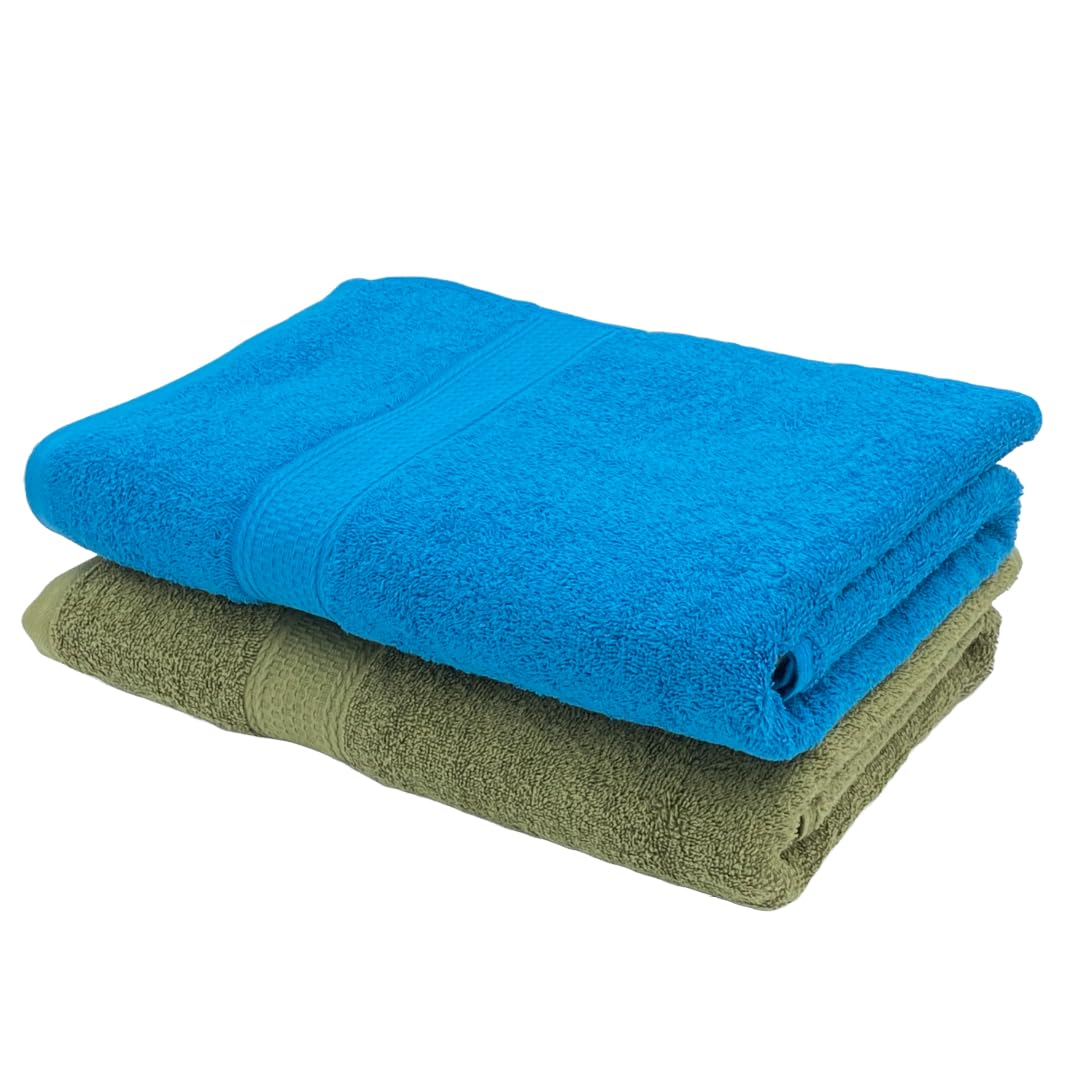 Patpug 100% Indian Ultra Soft Cotton 500 Gsm Highly Absorbent, Fade Resistant, Quick Drying Large Bath Towel (Olive Green & Turquoise Blue)