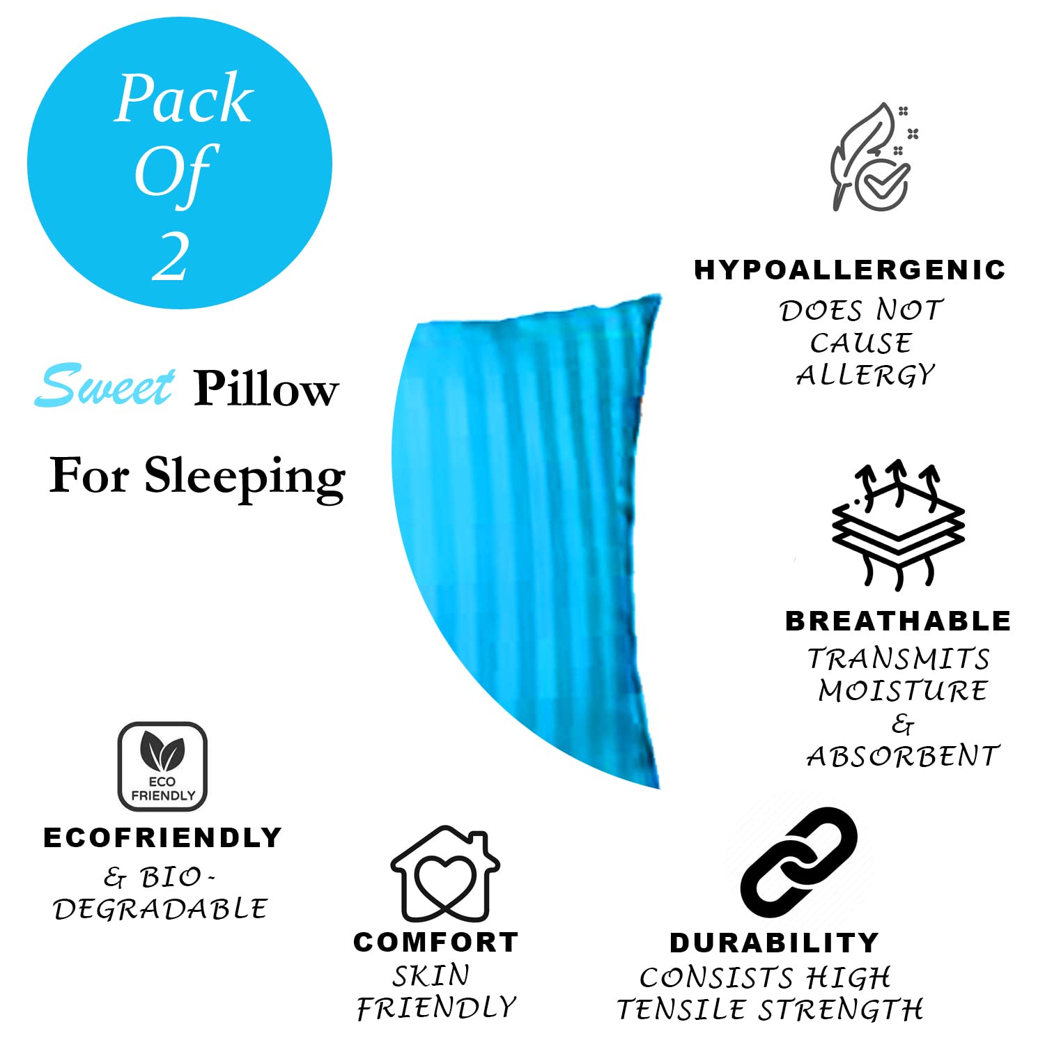 Premium Hotel Quality Soft Polyester Blend Fiber Pillow, Sky Blue - 16x24 Inch | Standard Size, Neck Support, Washable, Removable Cover | Bed Pillow, Comfortable Pillow - Set Of 2