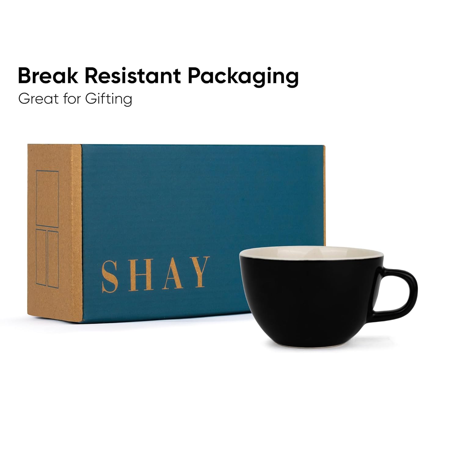 Large Ceramic Coffee Cup Set Of 2 - Black, 300ml Each | Cappuccino Cup With Glossy Finish - Large Ceramic Coffee Cup | Premium Stoneware Coffee Cup - Microwave Safe